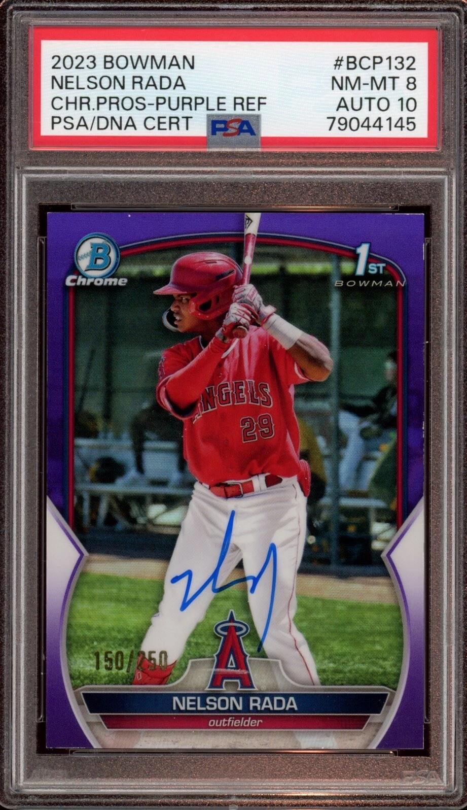 Nelson Rada 2023 Bowman Chrome Purple Refractor Auto /250 Psa NM-MT 8/GEM MT 10