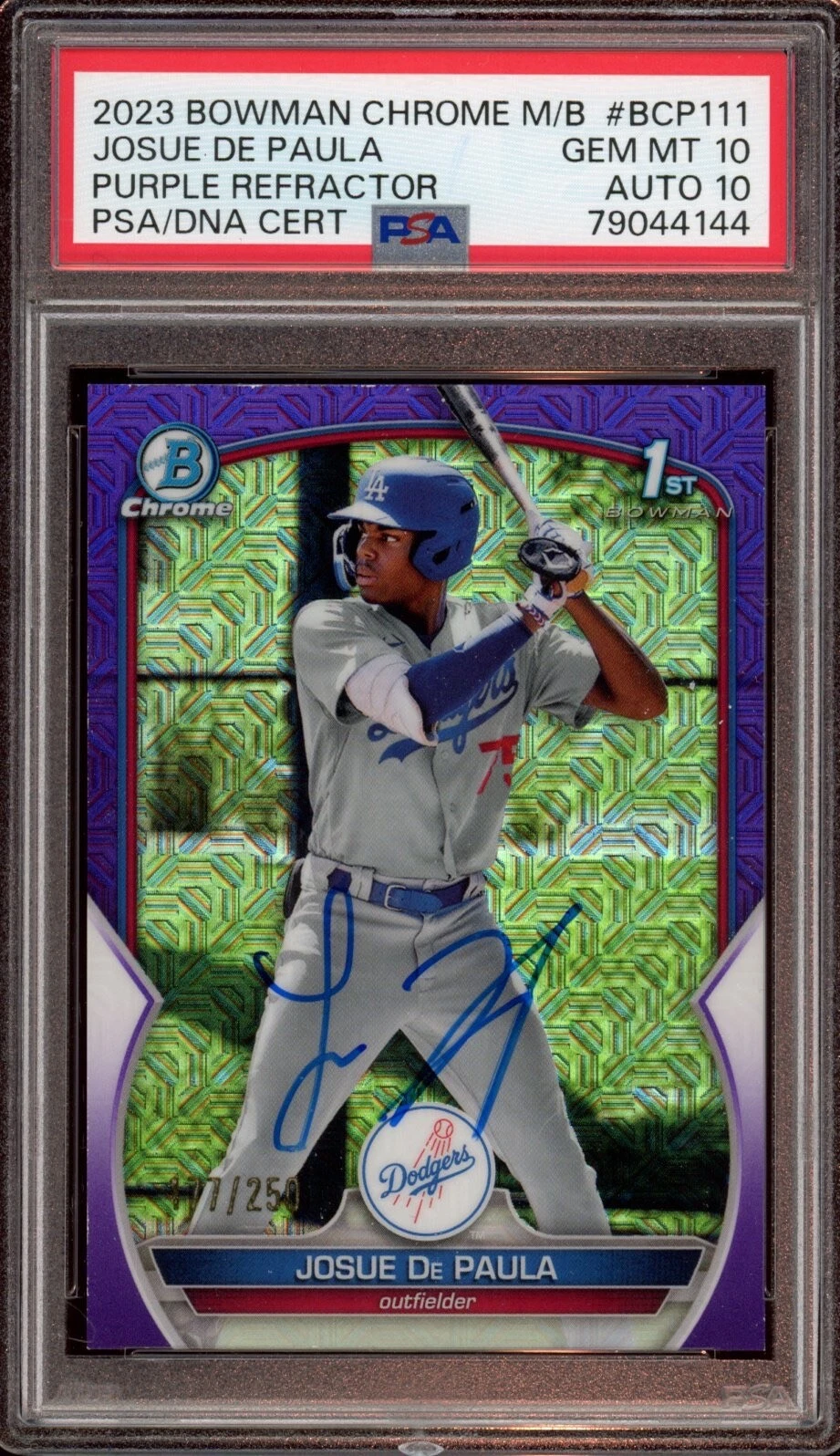 Josue De Paula 2023 Bowman Chrome Purple Mojo Auto /250 Psa GEM MINT 10/10