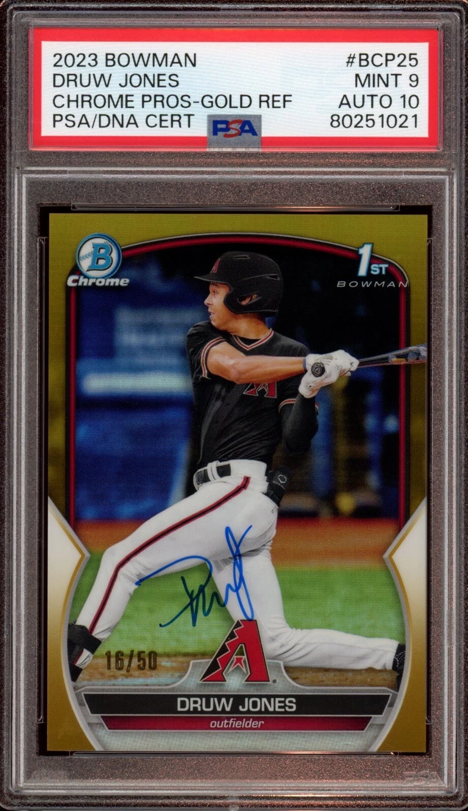 2023 Bowman Chrome Druw Jones Gold Refractor Auto /50 Psa MINT 9/GEM MINT 10