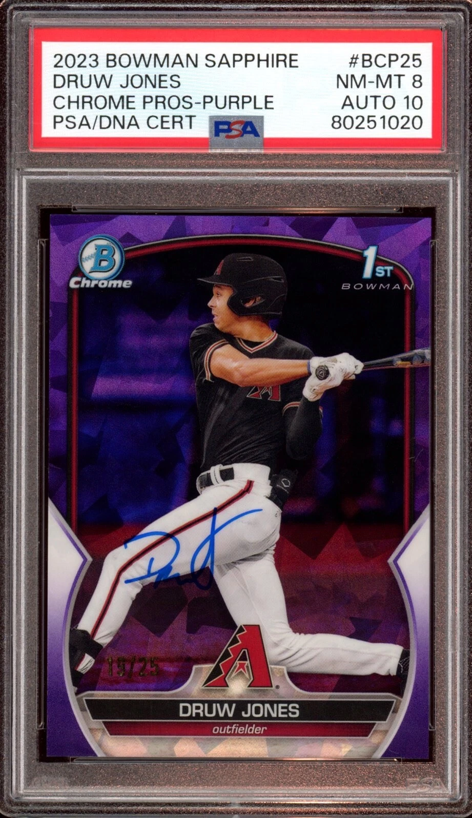 2023 Bowman Chrome Druw Jones Purple Sapphire Auto /25 Psa NM-MT 8/GEM MINT 10