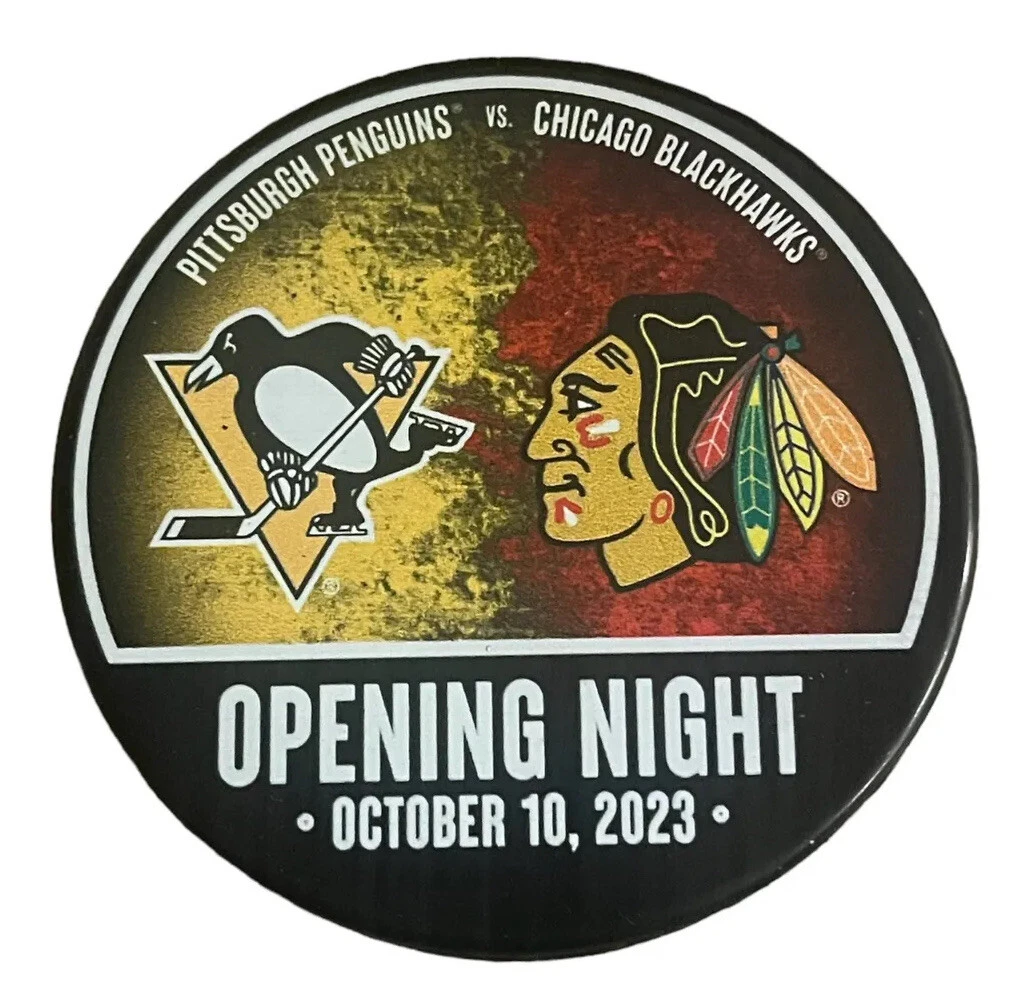 CONNOR BEDARD NHL DEBUT PUCK BLACKHAWKS VS PENGUINS 10/10/23 OPENING NIGHT COLLECTIBLE MEMORABILIA
