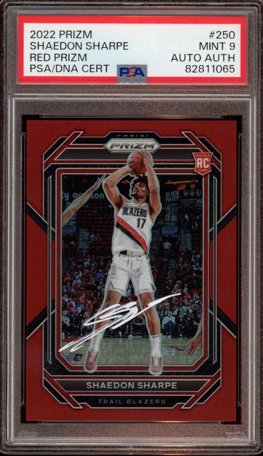 2022 Panini Prizm #250 Shaedon Sharpe Red Prizm Rookie Card Auto /299 Psa MINT 9