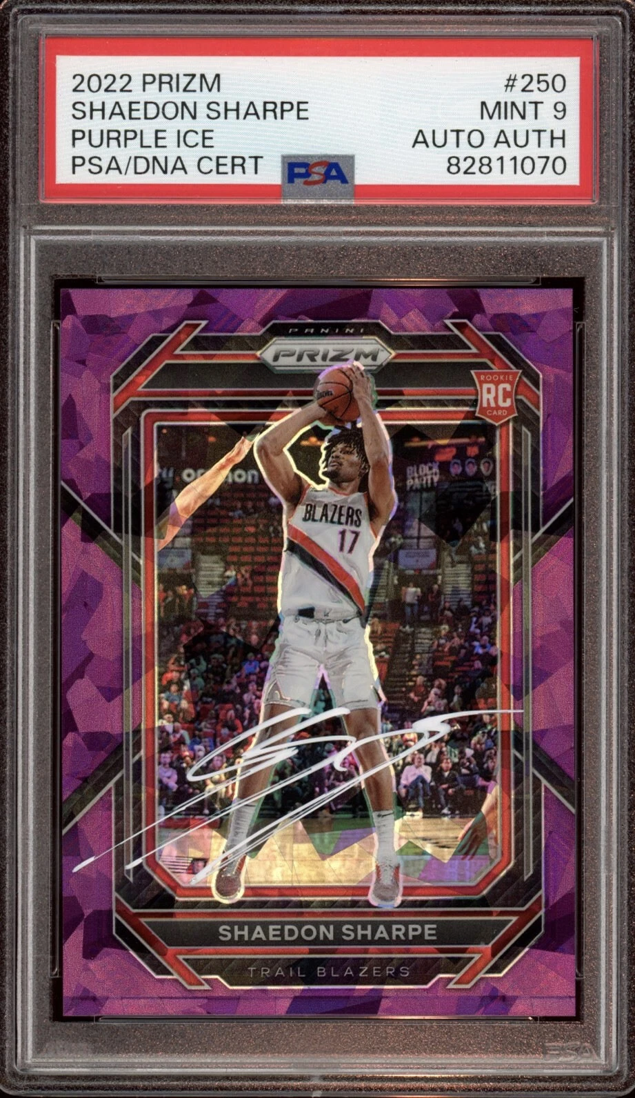 2022 Panini Prizm #250 Shaedon Sharpe Purple Ice Rookie Auto /149 Psa MINT 9