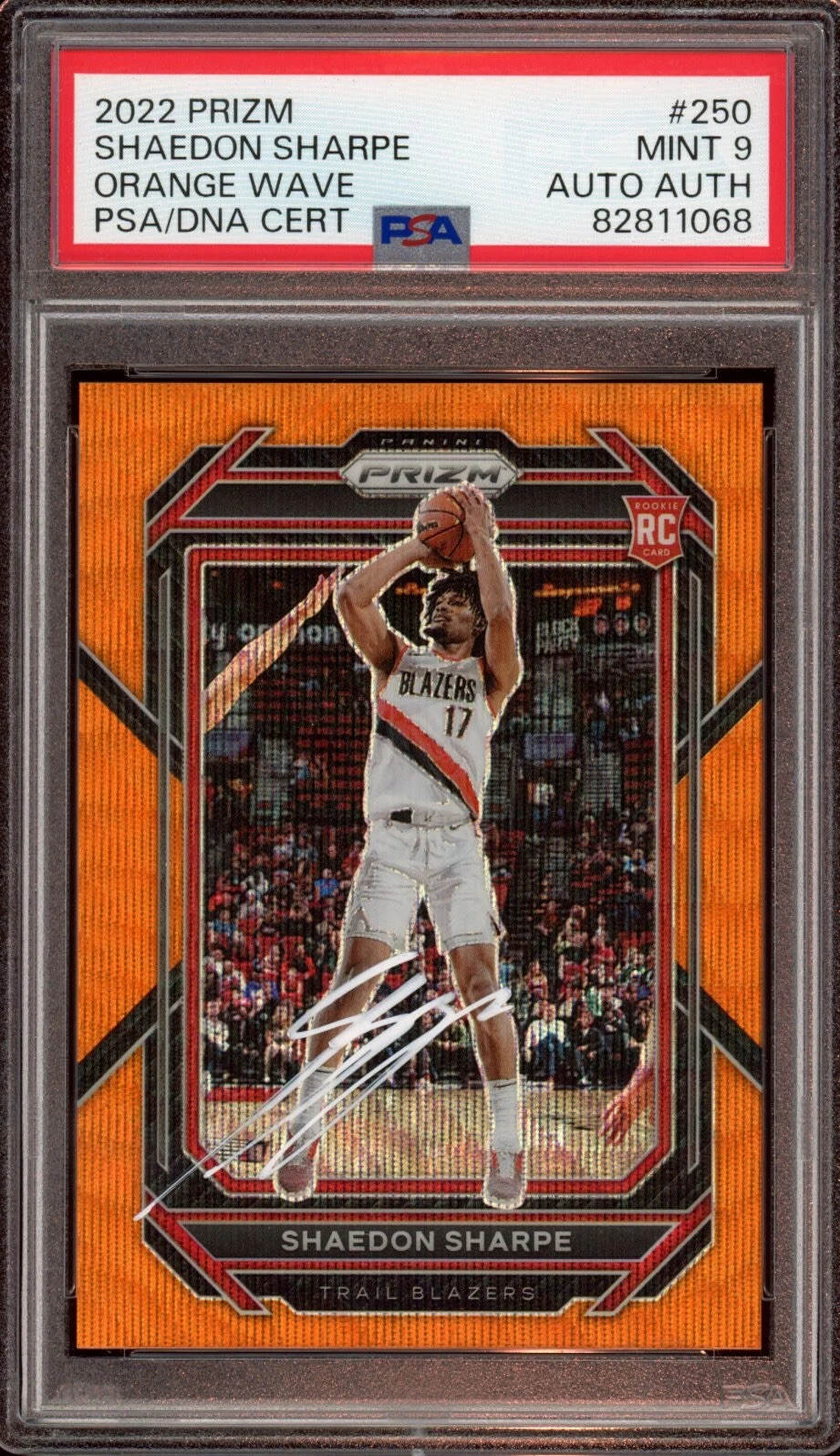 2022 Panini Prizm #250 Shaedon Sharpe Orange Wave Rookie Auto /60 Psa MINT 9