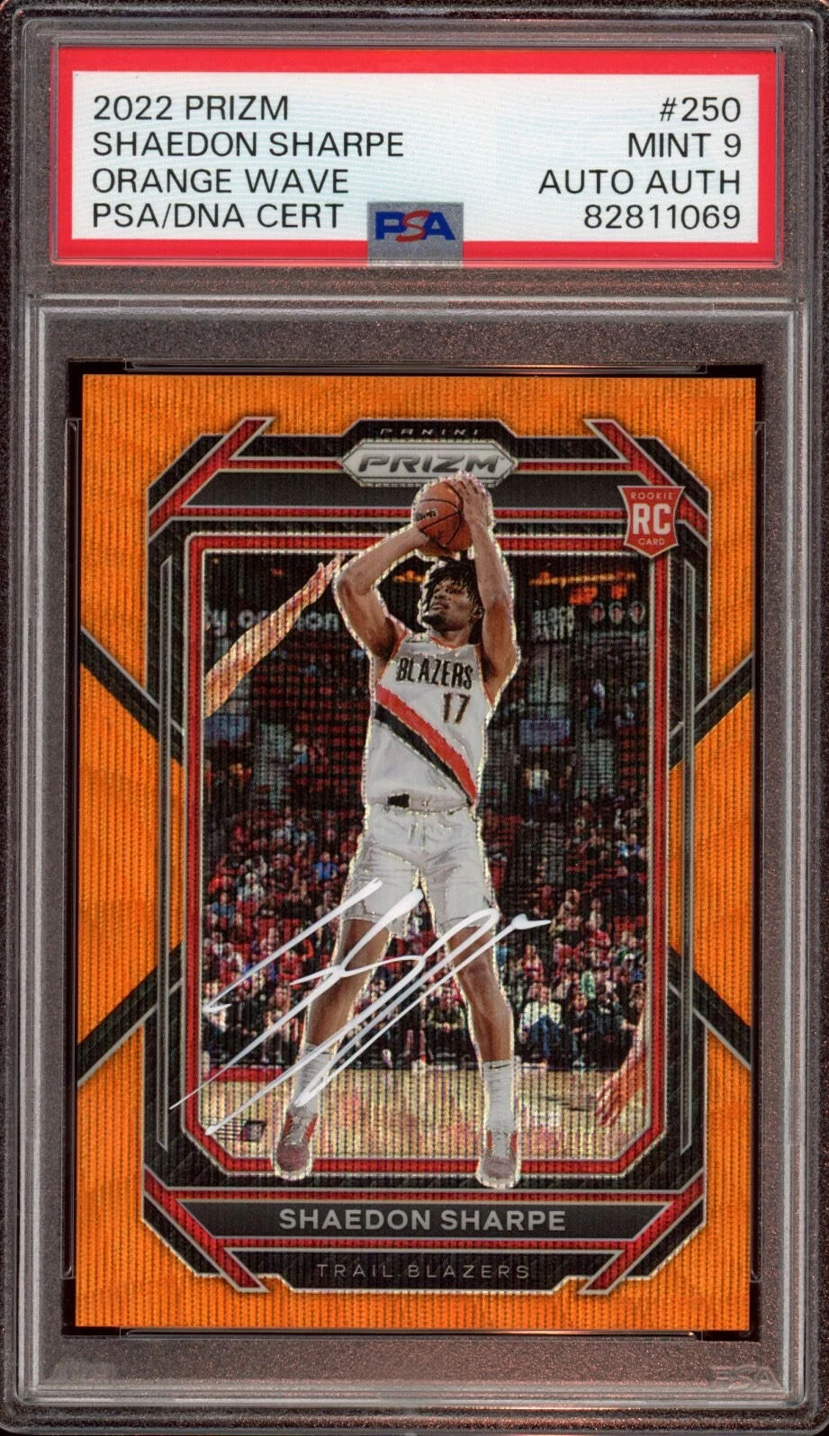 2022 Panini Prizm #250 Shaedon Sharpe Orange Wave Rookie Auto /60 Psa MINT 9 RC