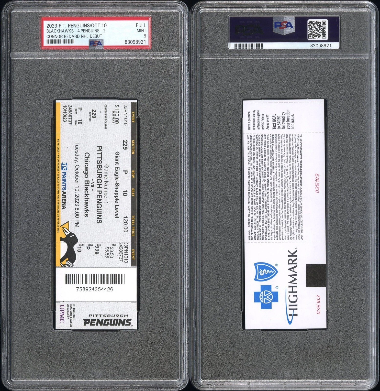 Connor Bedard NHL DEBUT 10/10/2023 Full Ticket Stub Psa MINT 9  Blackhawks