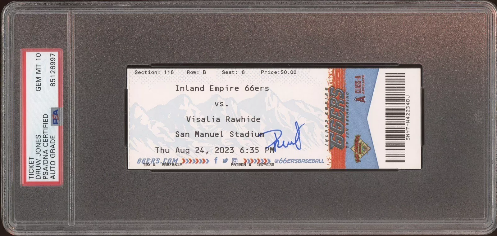 Druw Jones Signed 1st Pro HR Full Ticket Stub 8/24/2023 Psa/Dna GEM MINT 10 AUTO
