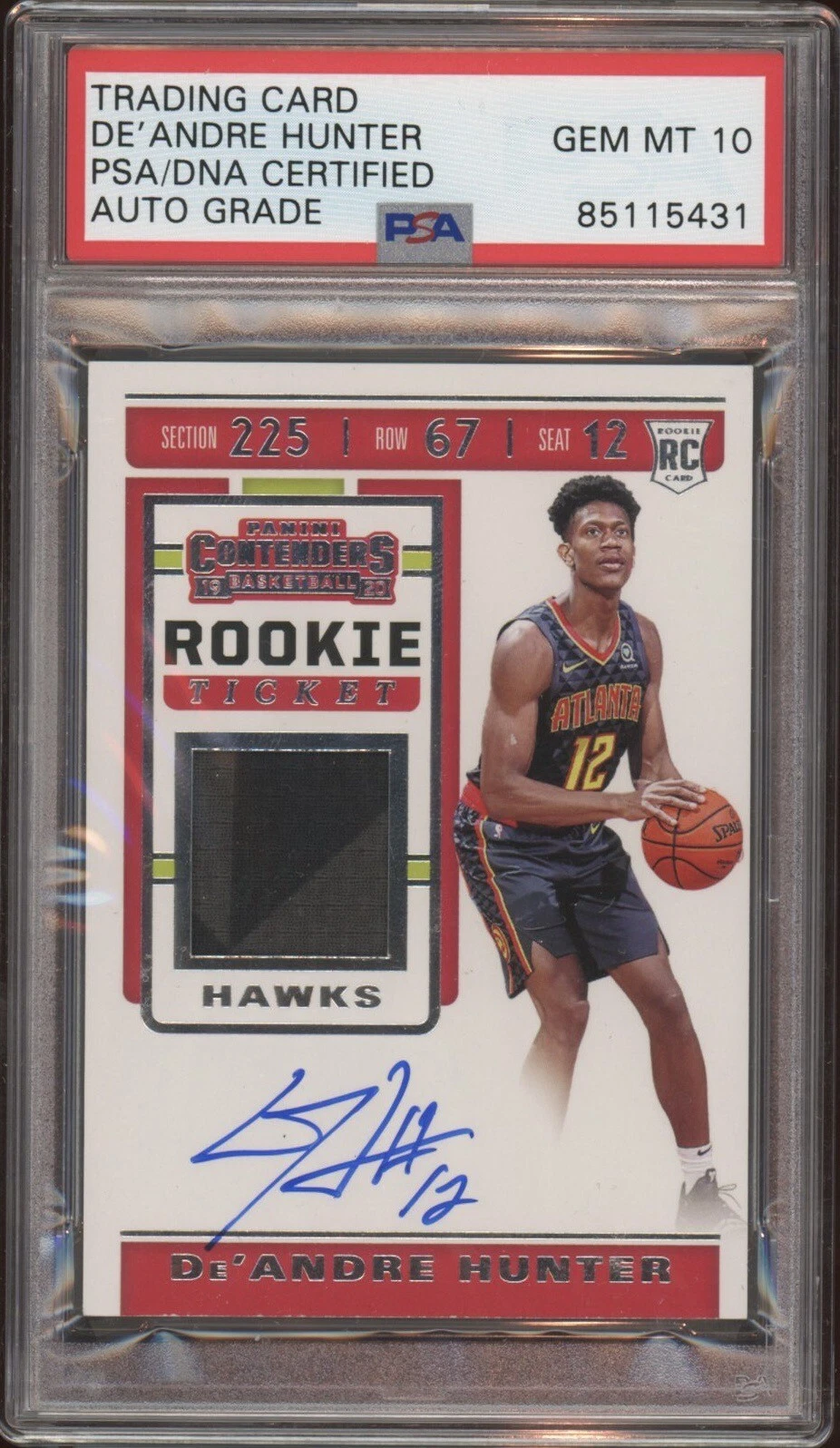 2019 Panini Contenders De'Andre Hunter Rookie Ticket Swatch RPA Psa GEM 10 AUTO