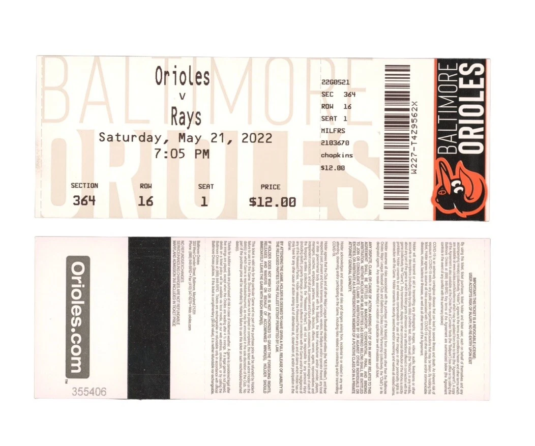 ADLEY RUTSCHMAN AUTHENTIC MLB DEBUT FULL TICKET STUB 5/21/2022 BALTIMORE ORIOLES COLLECTIBLE MEMORABILIA