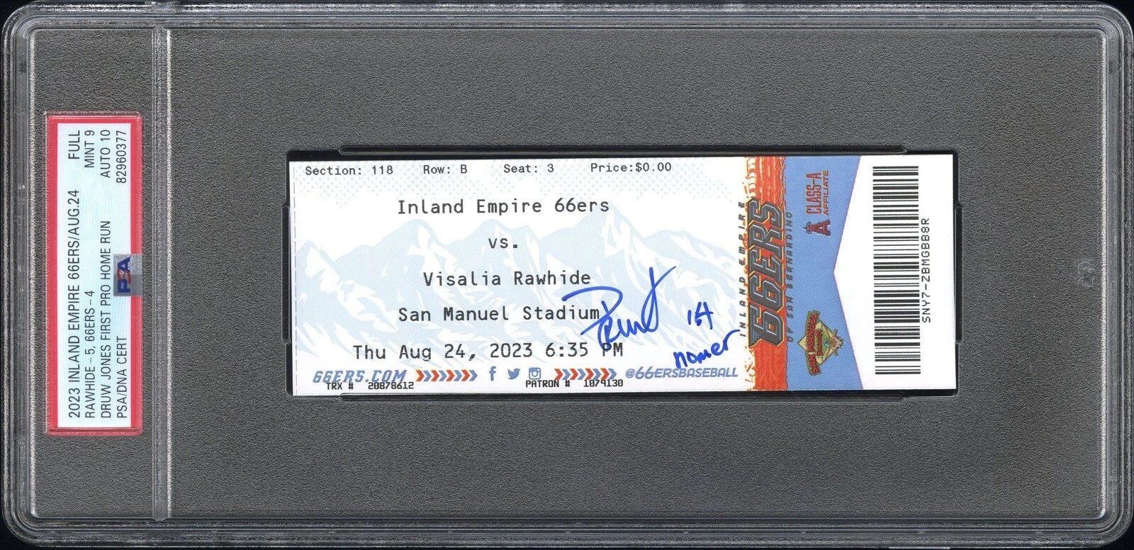 Druw Jones Signed 1st Pro Home Run 8/24/2023 Ticket Stub Psa MINT 9/GEM MINT 10