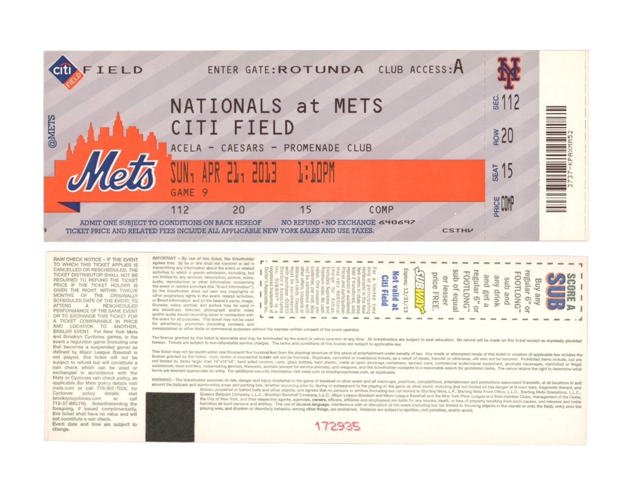 ANTHONY RENDON MLB DEBUT FULL TICKET STUB 4/21/2013 WASHINGTON NATIONALS COLLECTIBLE MEMORABILIA