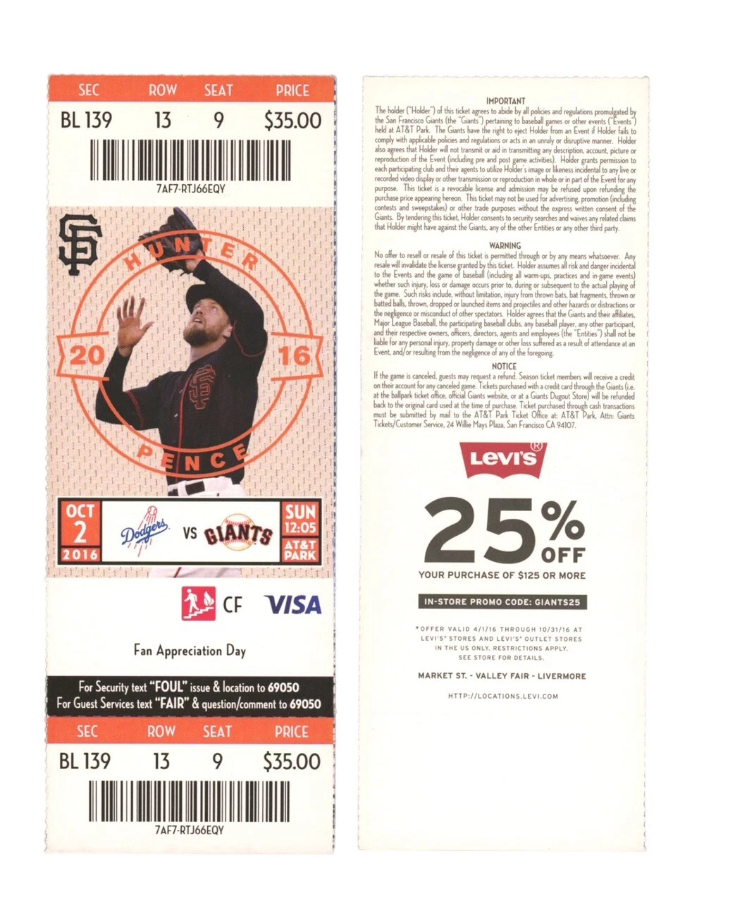 VIN SCULLY FINAL CALL GAME FULL TICKET STUB 10/2/2016 LOS ANGELES DODGERS COLLECTIBLE MEMORABILIA