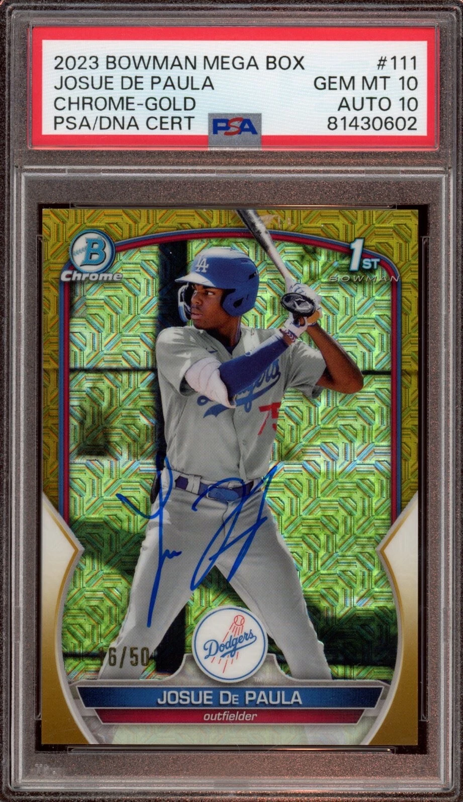 2023 Bowman Chrome Josue De Paula Gold Mega Mojo Auto /50 Psa GEM MINT 10/10