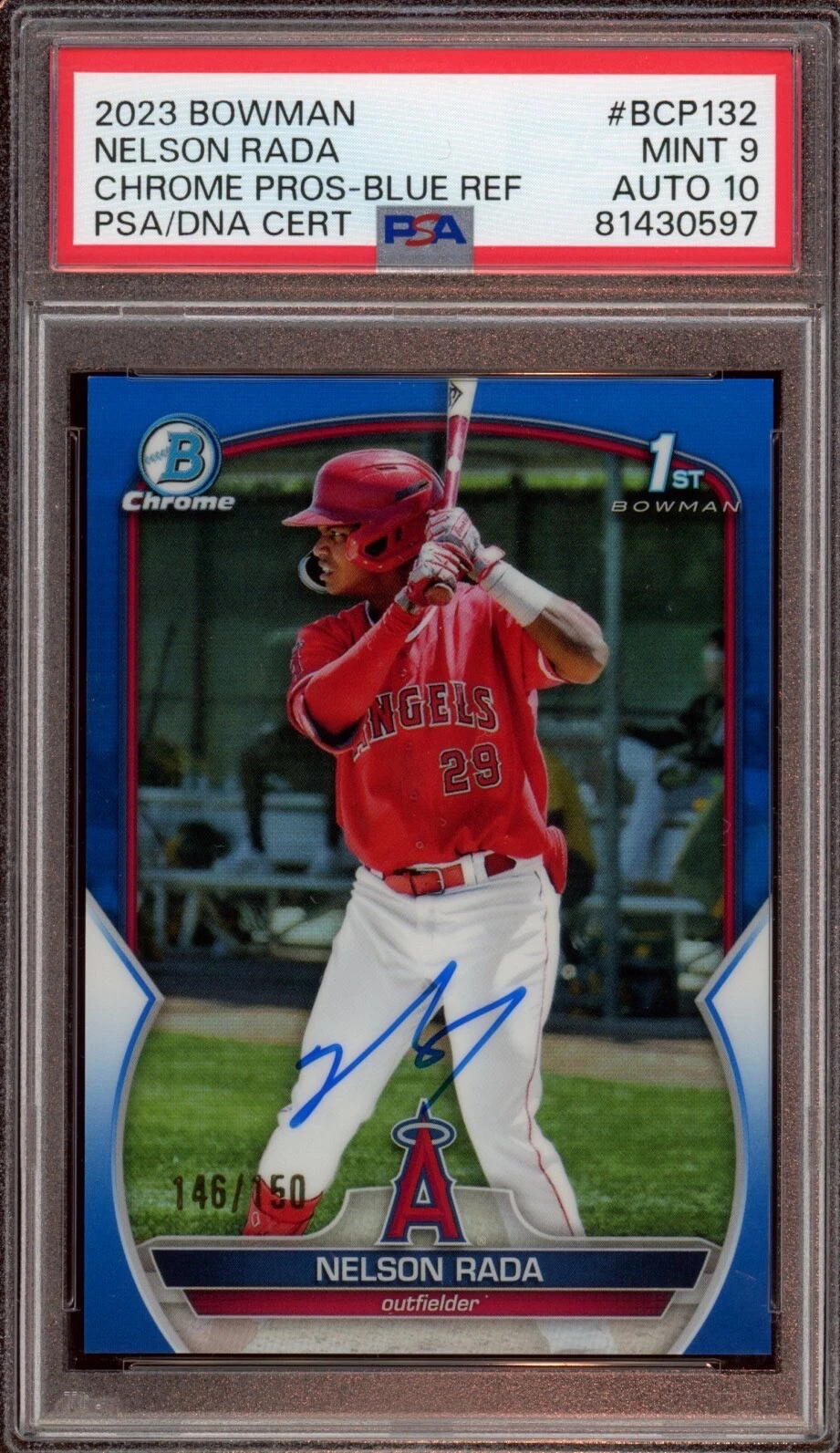 2023 Bowman Chrome Nelson Rada Blue Refractor Auto /150 Psa MINT 9/GEM MINT 10