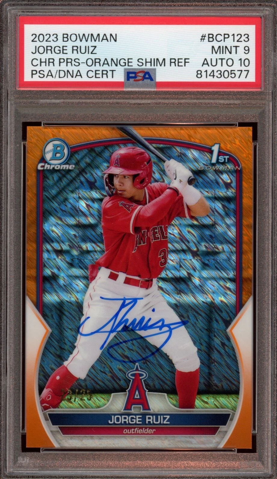2023 Bowman Chrome Jorge Ruiz Orange Shimmer Auto /25 Psa MINT 9/GEM MINT 10