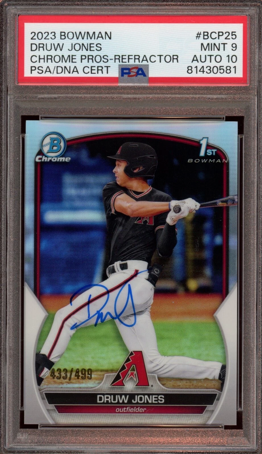2023 Bowman Chrome Prospects Druw Jones Refractor Auto /499 Psa MINT 9/GEM MT 10