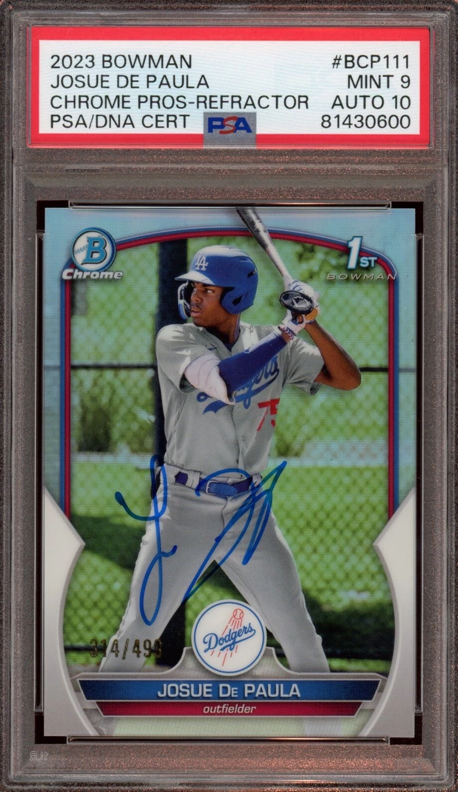 2023 Bowman Chrome Josue De Paula Refractor Auto /499 Psa MINT 9/GEM MINT 10