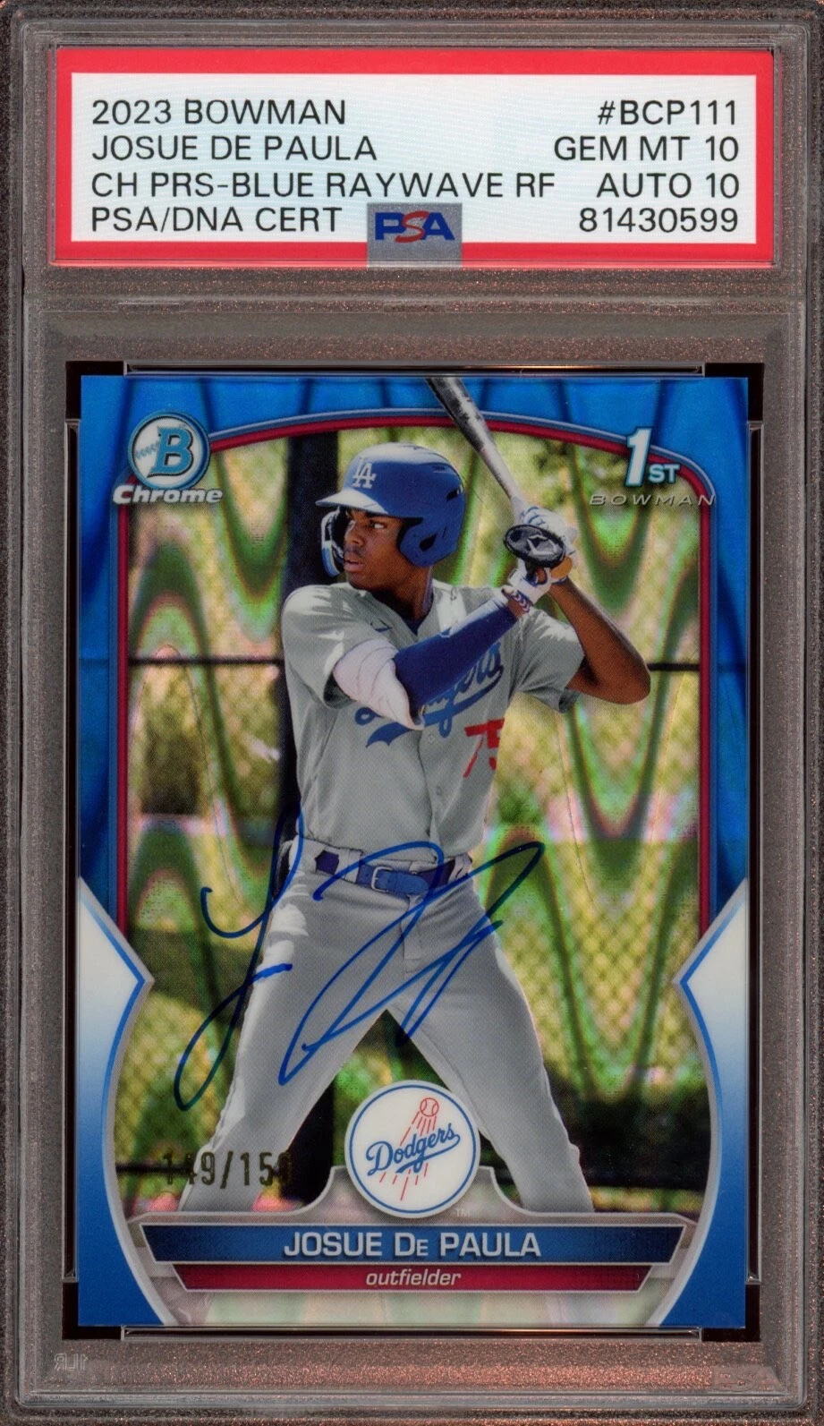 2023 Bowman Chrome Josue De Paula Blue RayWave Auto /150 Psa GEM MINT 10/10