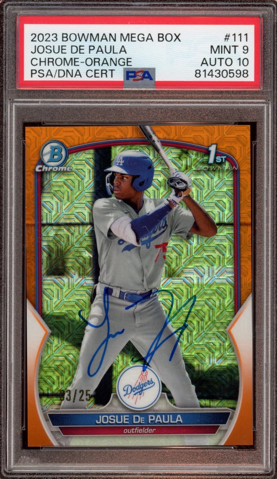 2023 Bowman Chrome Josue De Paula Orange Mega Mojo Auto /25 Psa MINT 9/GEM MT 10