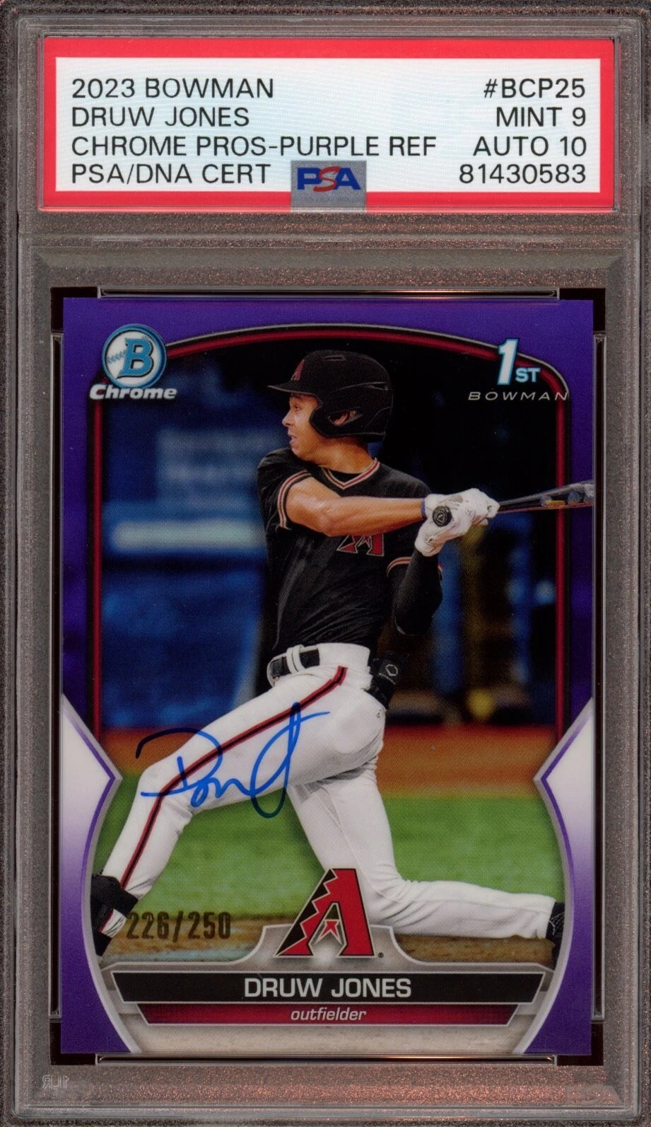 2023 Bowman Chrome Druw Jones Purple Refractor Auto /250 Psa MINT 9/GEM MT 10