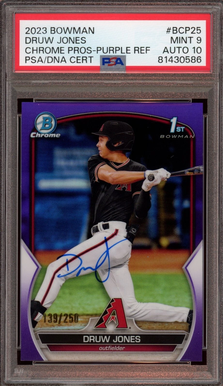 2023 Bowman Chrome Druw Jones Purple Refractor Auto /250 Psa MINT 9/GEM MT 10