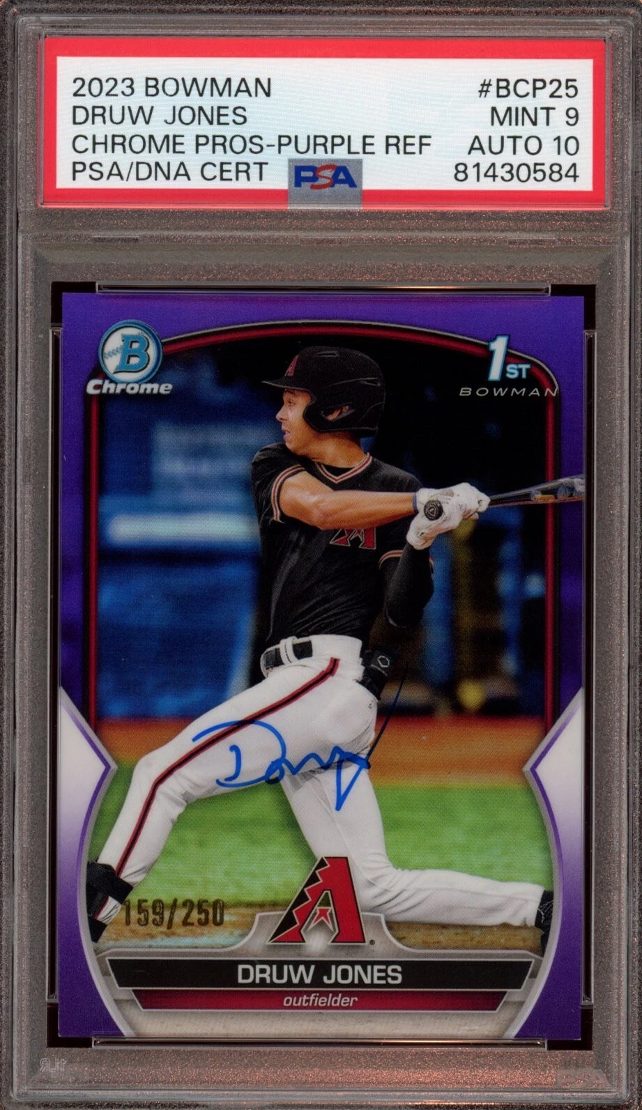 2023 Bowman Chrome Druw Jones Purple Refractor Auto /250 Psa MINT 9/GEM MT 10