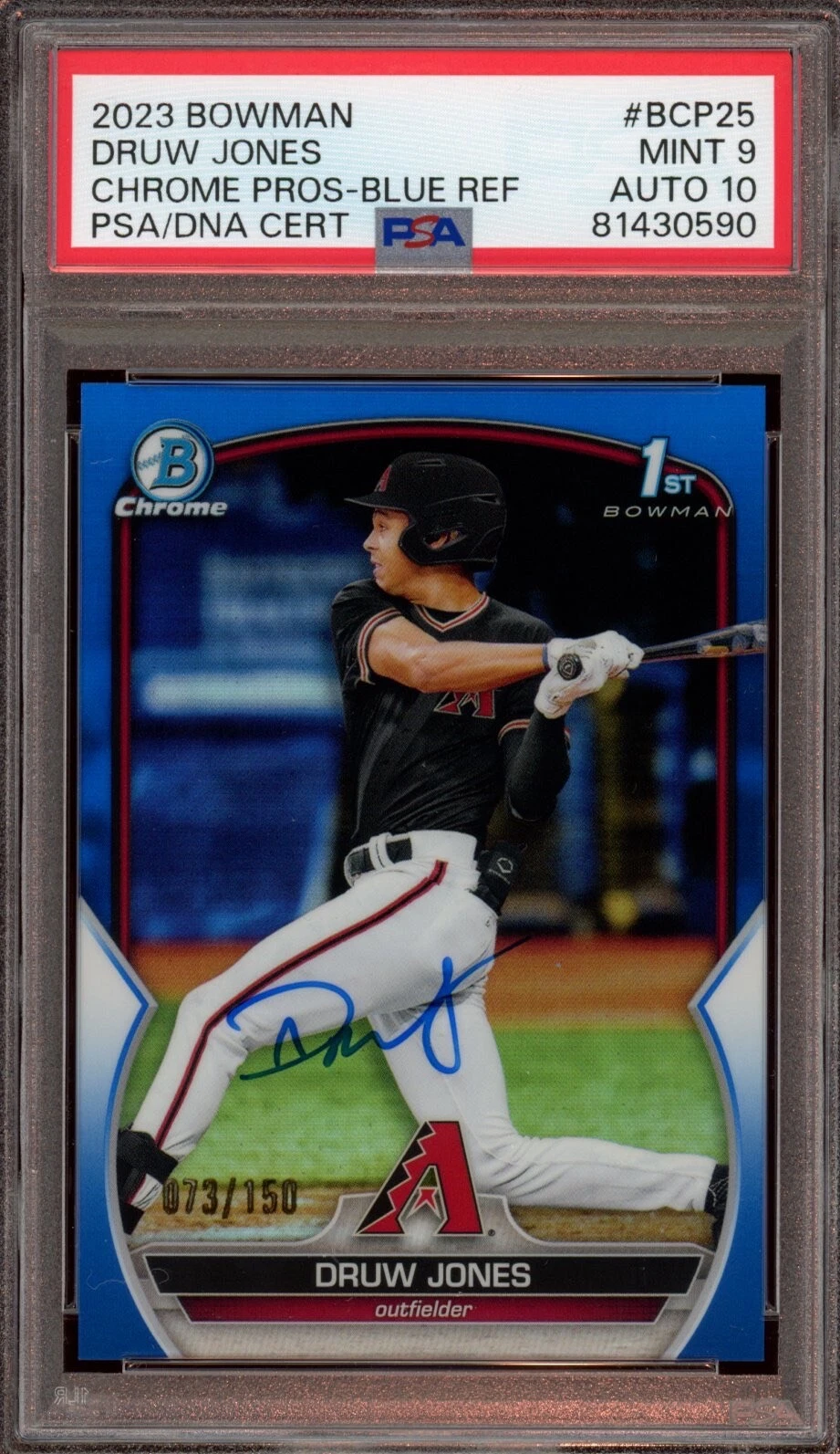 2023 Bowman Chrome Druw Jones Blue Refractor Auto /150 Psa MINT 9/GEM MT 10