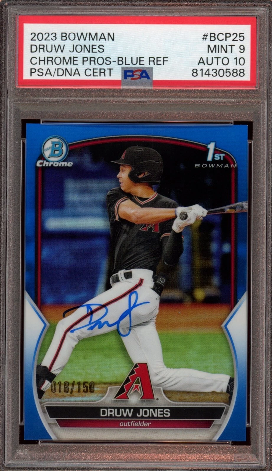 2023 Bowman Chrome Druw Jones Blue Refractor Auto /150 Psa MINT 9/GEM MT 10