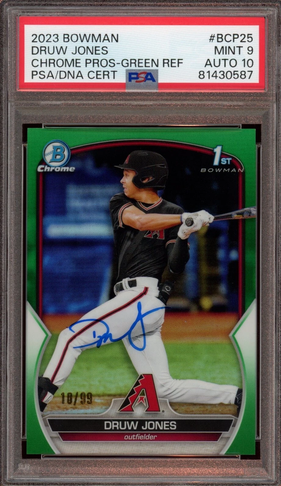 2023 Bowman Chrome Druw Jones Green Refractor Auto /99 Psa MINT 9/GEM MT 10