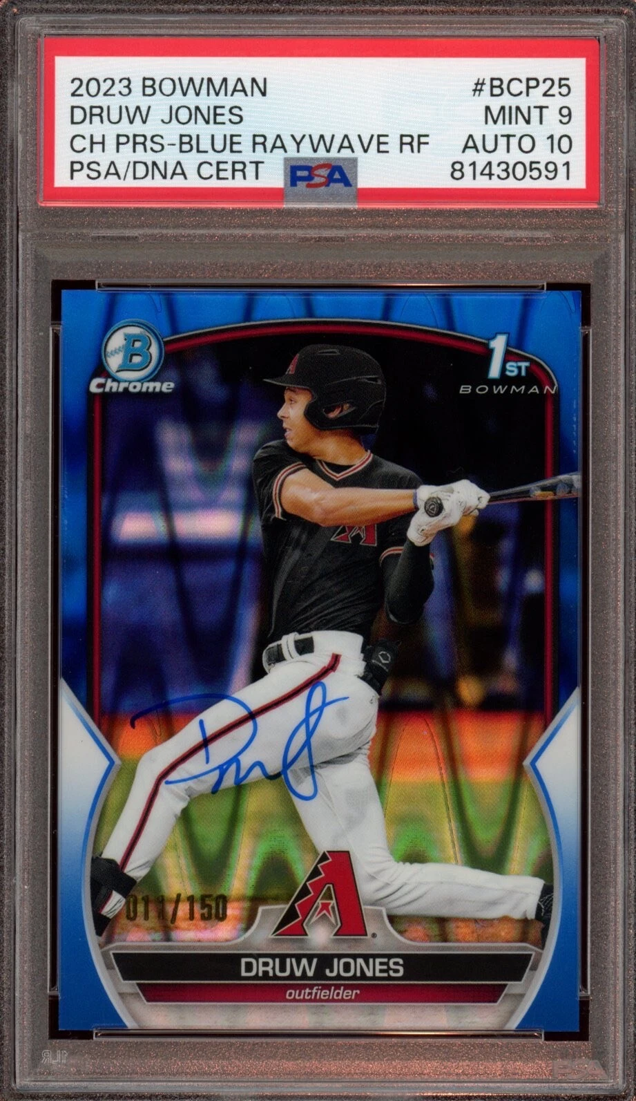 2023 Bowman Chrome Druw Jones Blue RayWave Auto /150 Psa MINT 9/GEM MINT 10