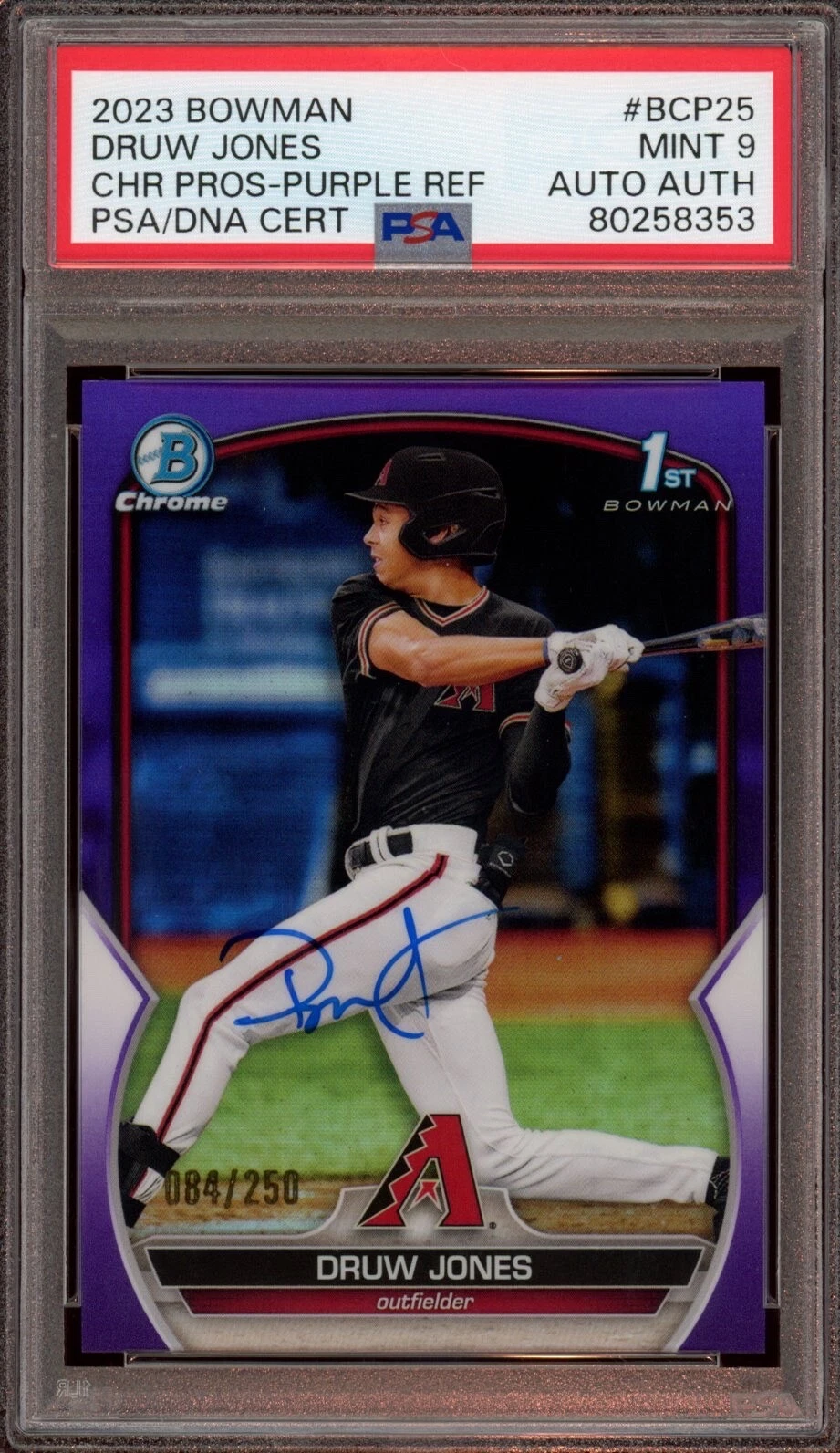 2023 Bowman Chrome Druw Jones Purple Refractor Auto /250 Psa MINT 9