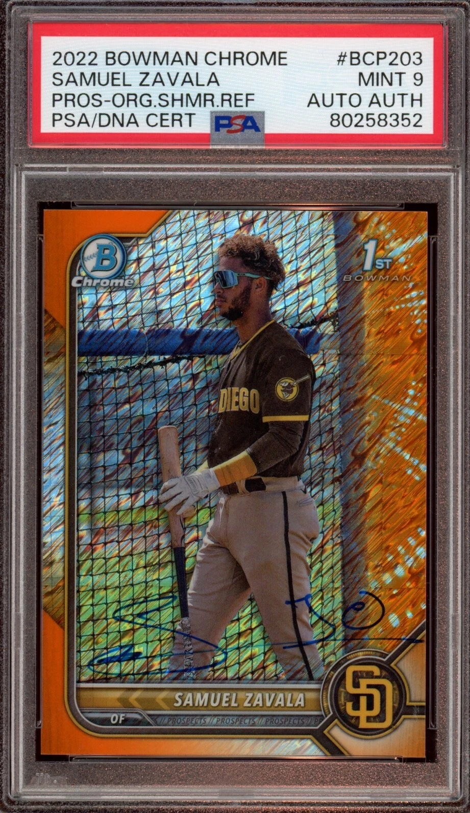 2022 BOWMAN CHROME PROSPECTS SAMUEL ZAVALA ORANGE SHIMMER AUTO /25 PSA MINT 9 COLLECTIBLE MEMORABILIA