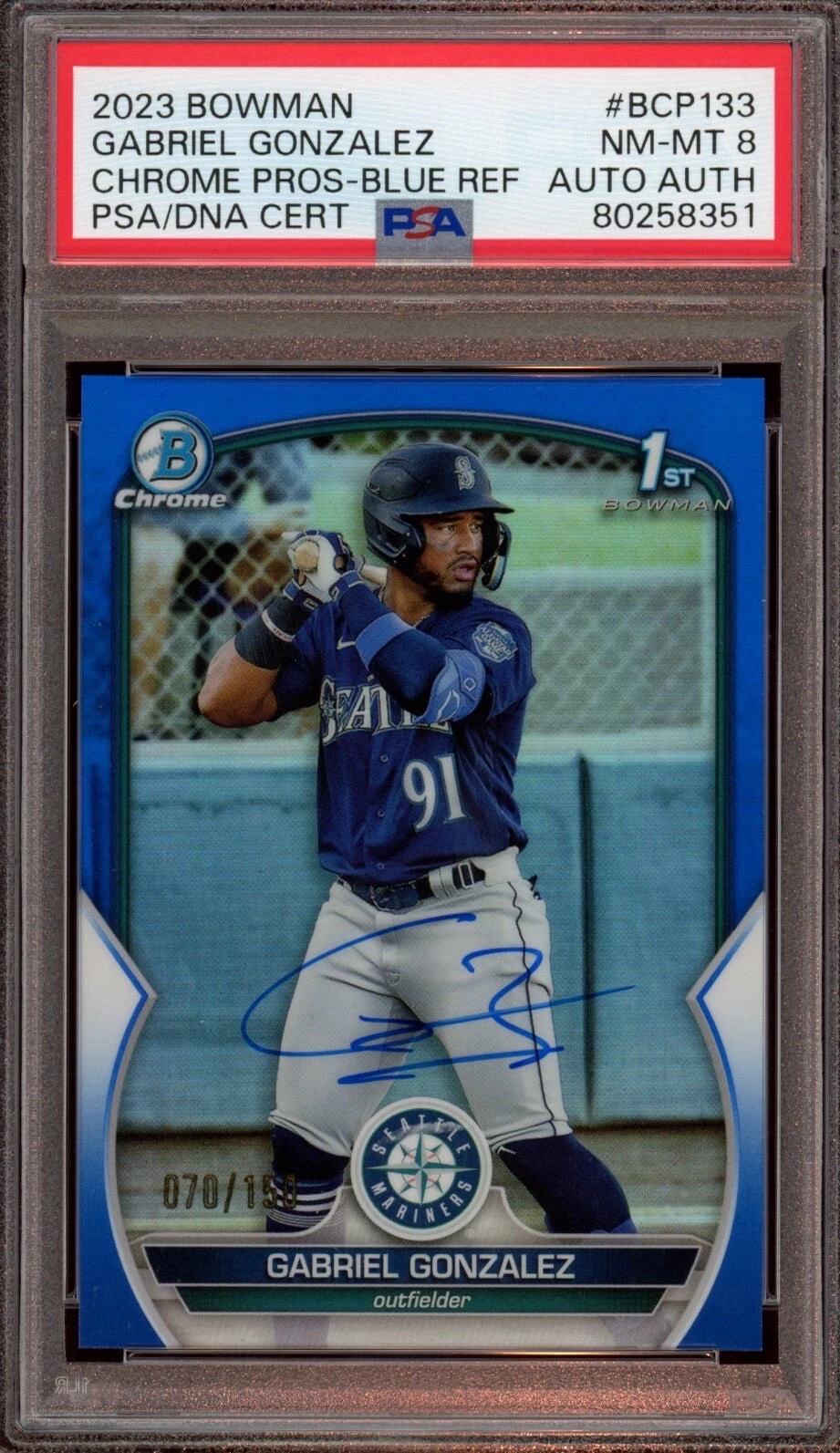 2023 Bowman Chrome Prospects Gabriel Gonzalez Blue Refractor Auto /150 Psa 8