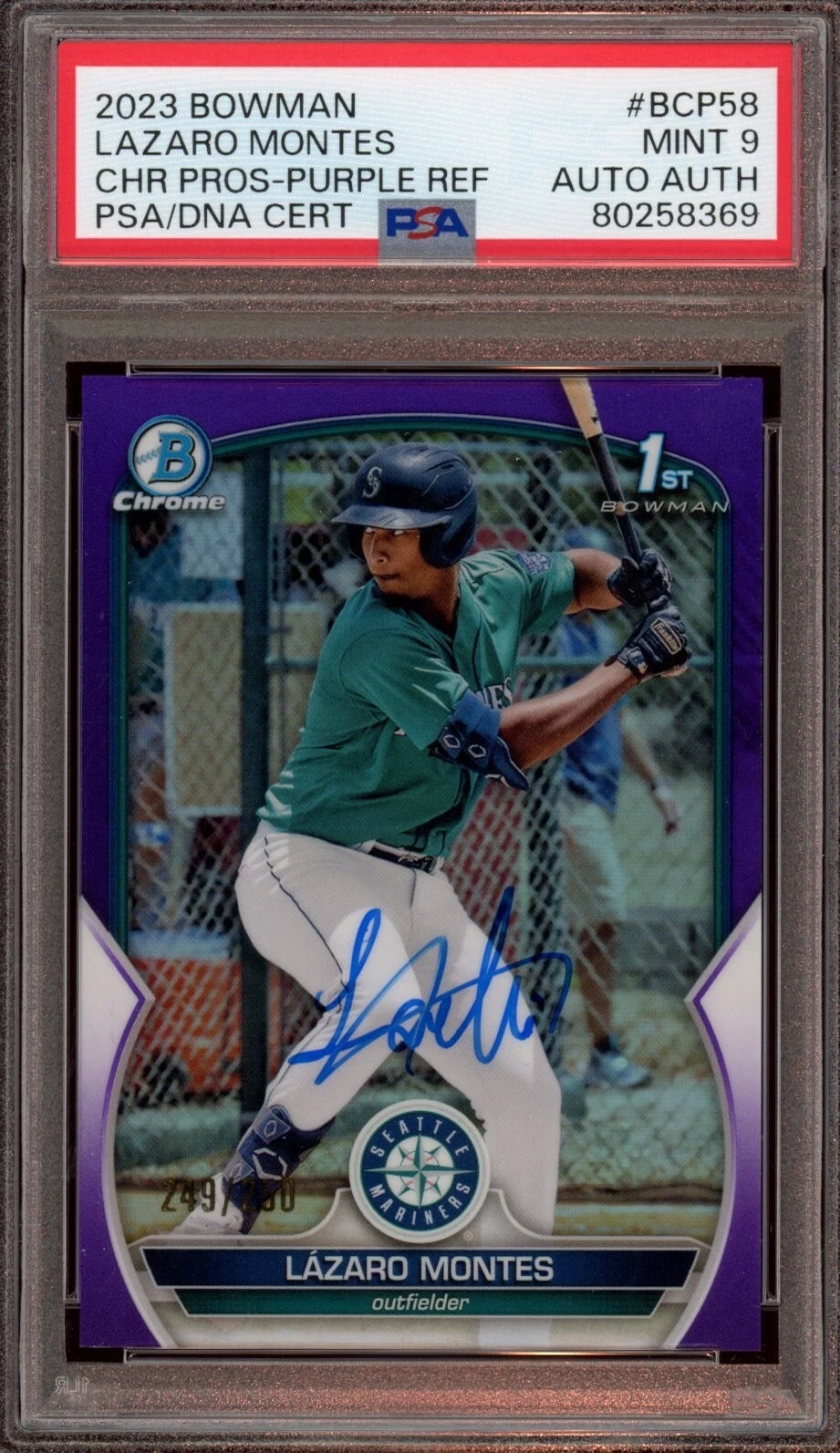 2023 Bowman Chrome #BCP58 Lazaro Montes Purple Refractor Auto /99 Psa MINT 9
