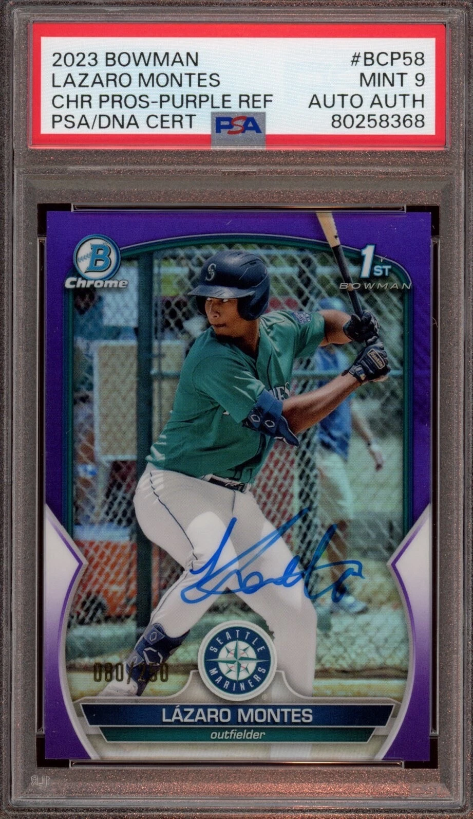 2023 Bowman Chrome #BCP58 Lazaro Montes Purple Refractor Auto /99 Psa MINT 9
