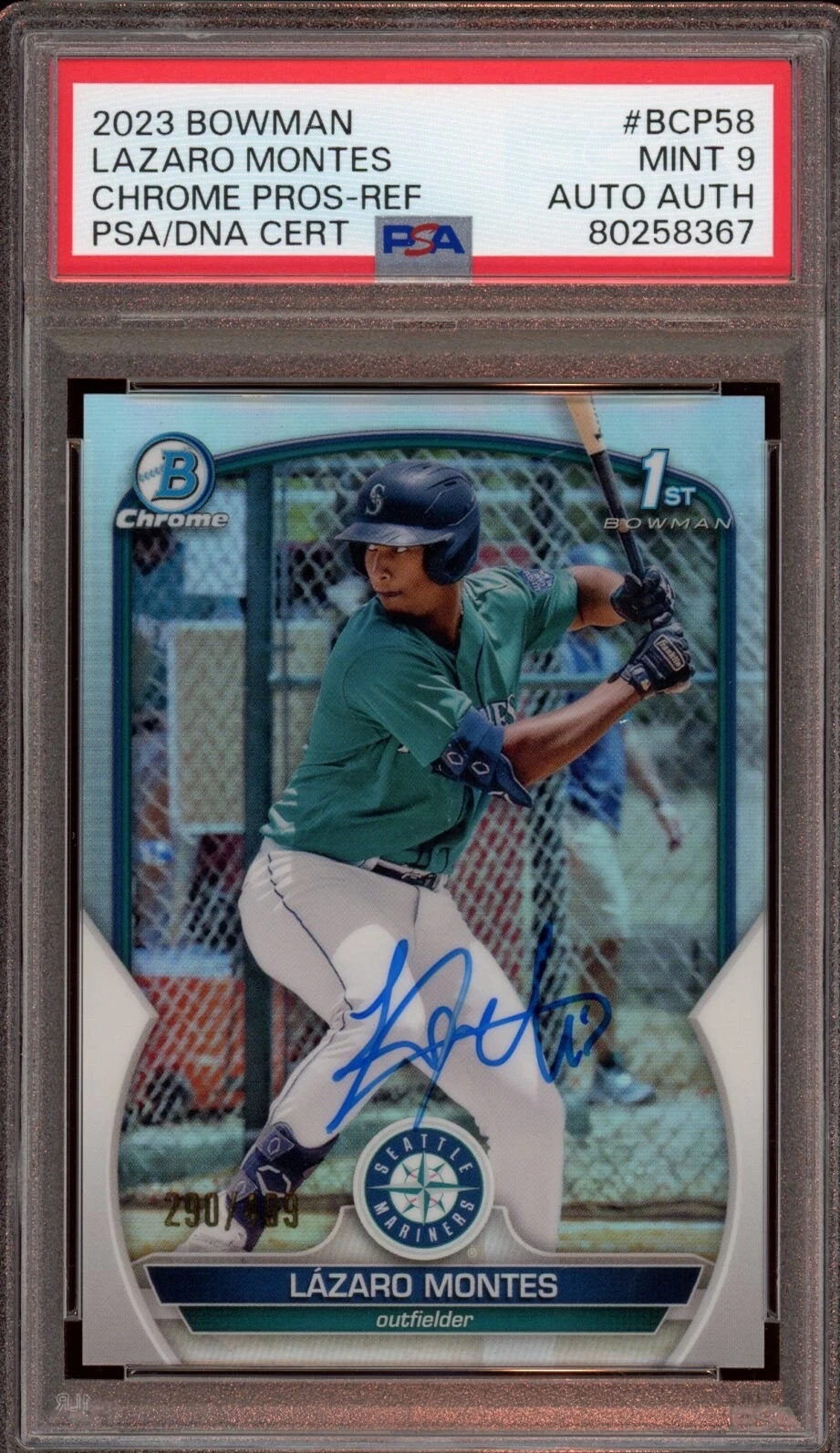 2023 Bowman Chrome #BCP58 Lazaro Montes Refractor Auto /499 Psa MINT 9