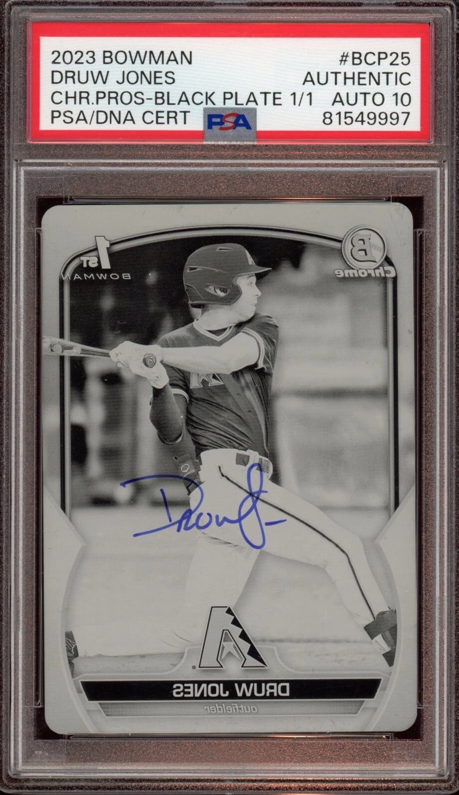 2023 Bowman Chrome Druw Jones Black Printing Plate 1/1 Psa GEM MINT 10 AUTO