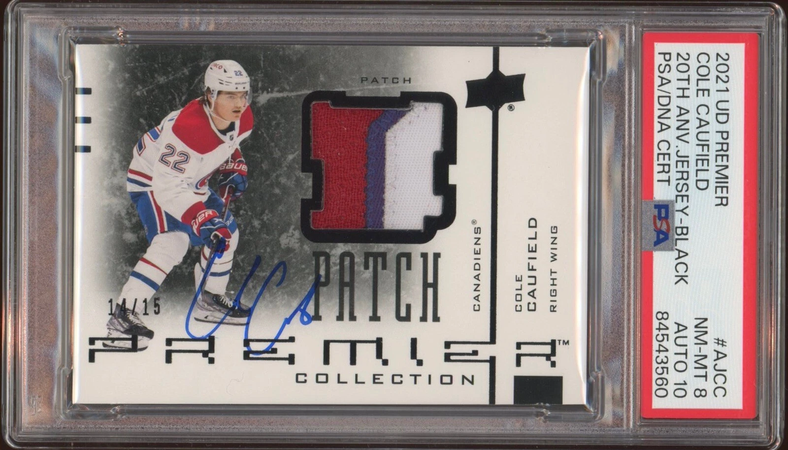 2021 Upper Deck Premier Cole Caufield Rookie Jersey Patch Auto RPA /15 Psa 8/10