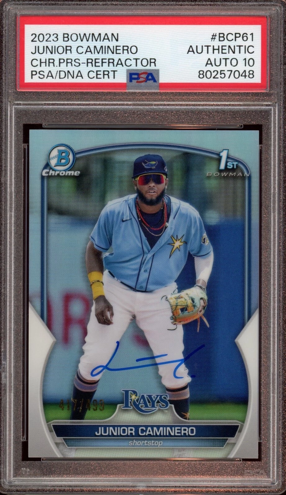 2023 Bowman Chrome #BCP61 Junior Caminero Refractor /499 Psa GEM MINT 10 AUTO