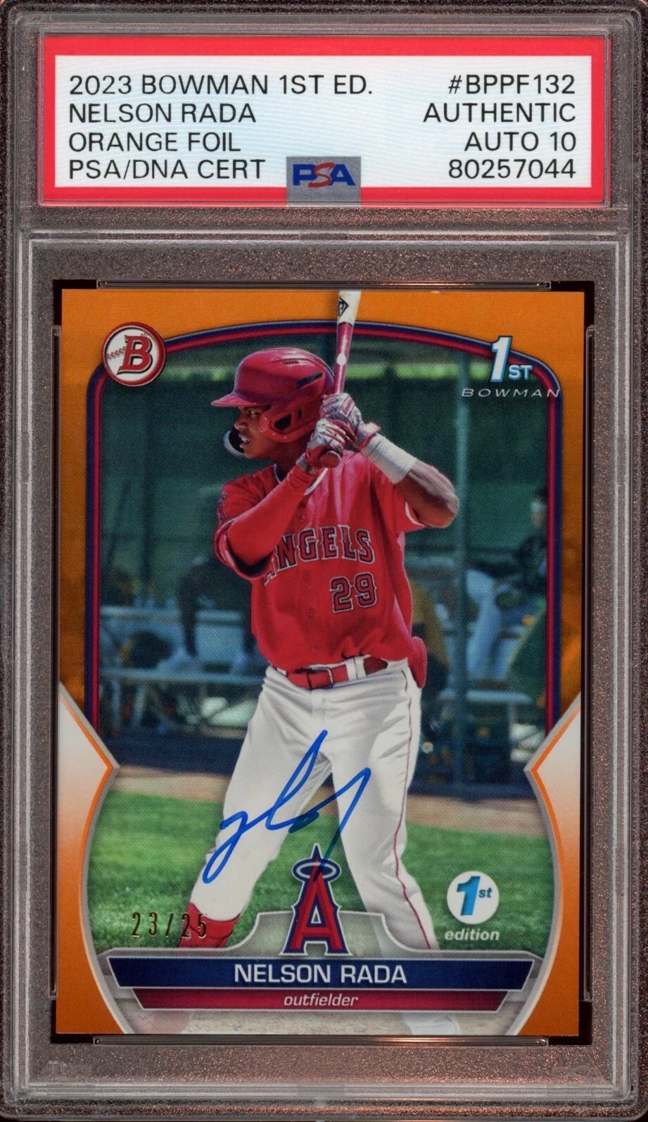 2023 Bowman 1st Edition #BPPF132 Nelson Rada Orange Foil /25 Psa GEM MT 10 AUTO