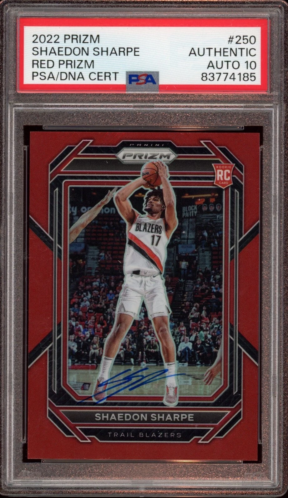 2022 Panini Prizm #250 Shaedon Sharpe Red Prizm Rookie Card /299 Psa GEM 10 AUTO