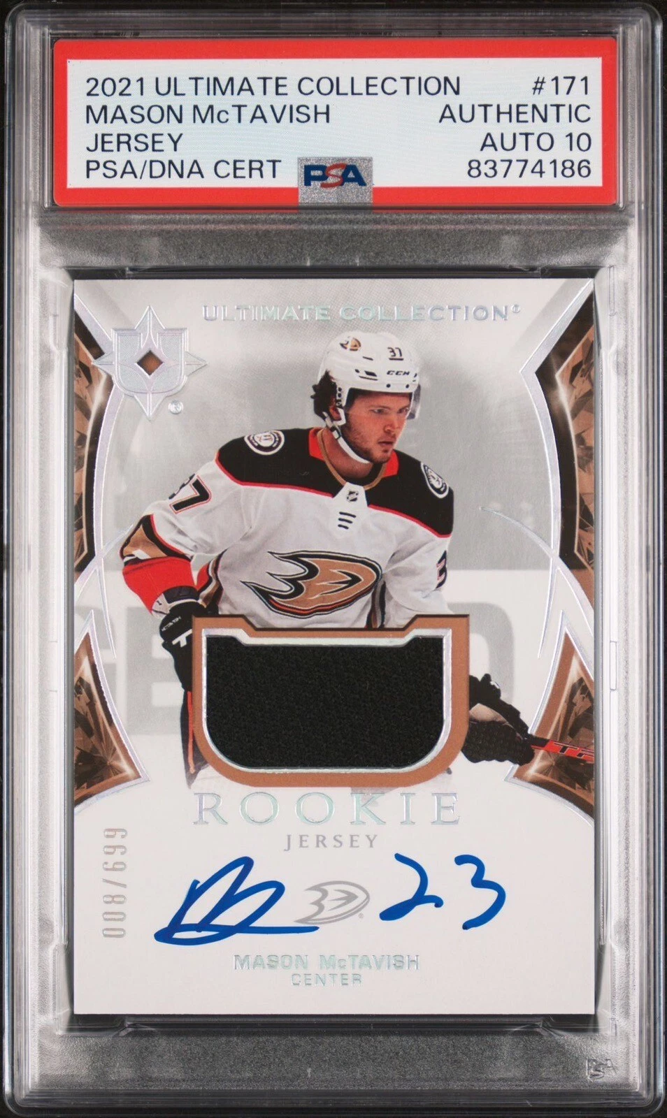 2021 UD Ultimate Collection Mason McTavish Jersey Patch RPA /699 Psa GEM 10 AUTO