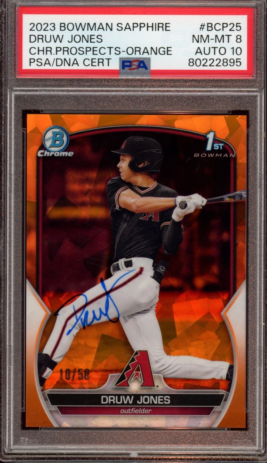 2023 Bowman Chrome Druw Jones Orange Sapphire Auto /50 Psa NM-MT 8/GEM MINT 10
