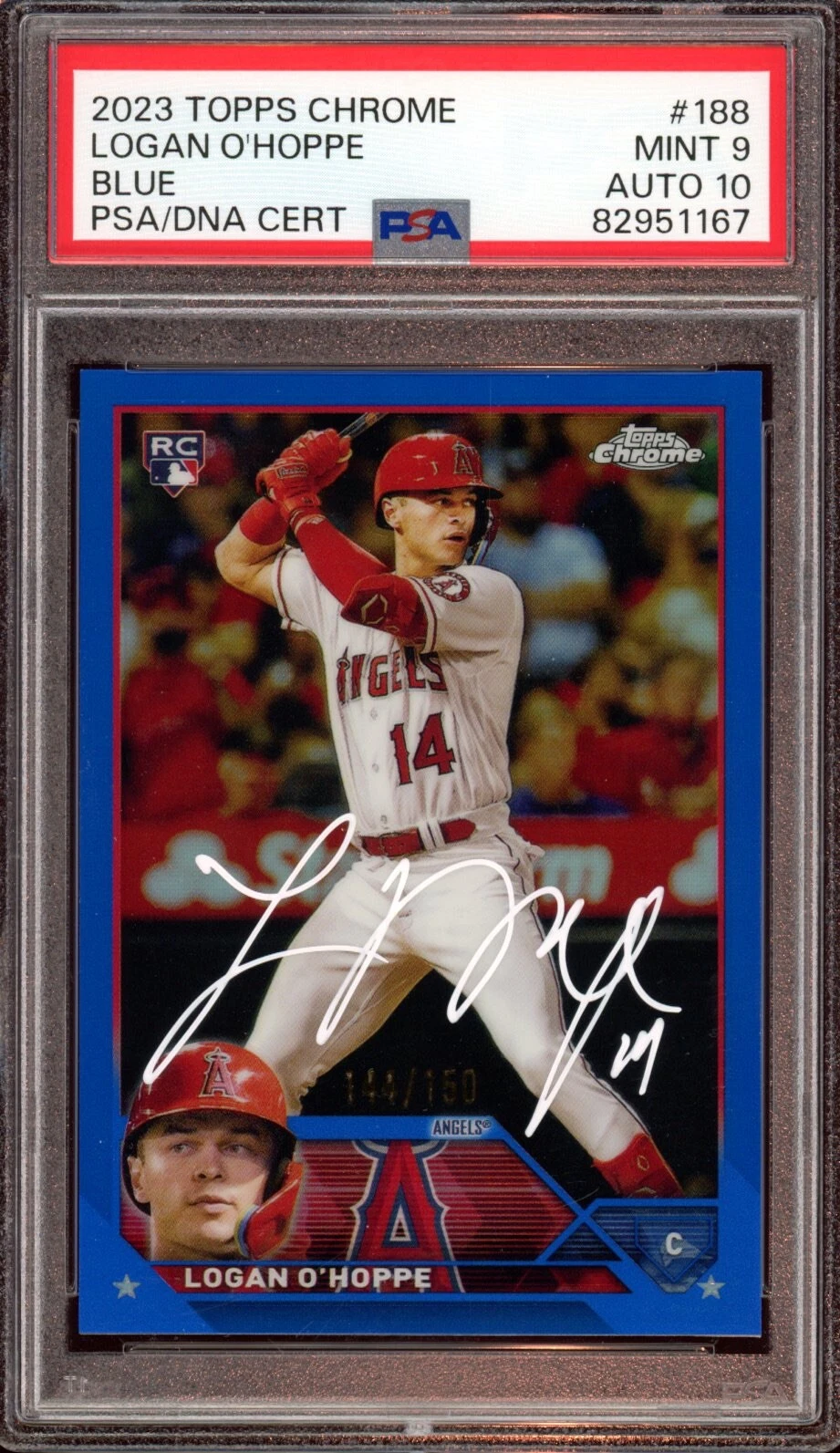 2023 Topps Chrome #188 Logan O'Hoppe Blue /150 Rookie Card Auto Psa MINT 9/10 RC