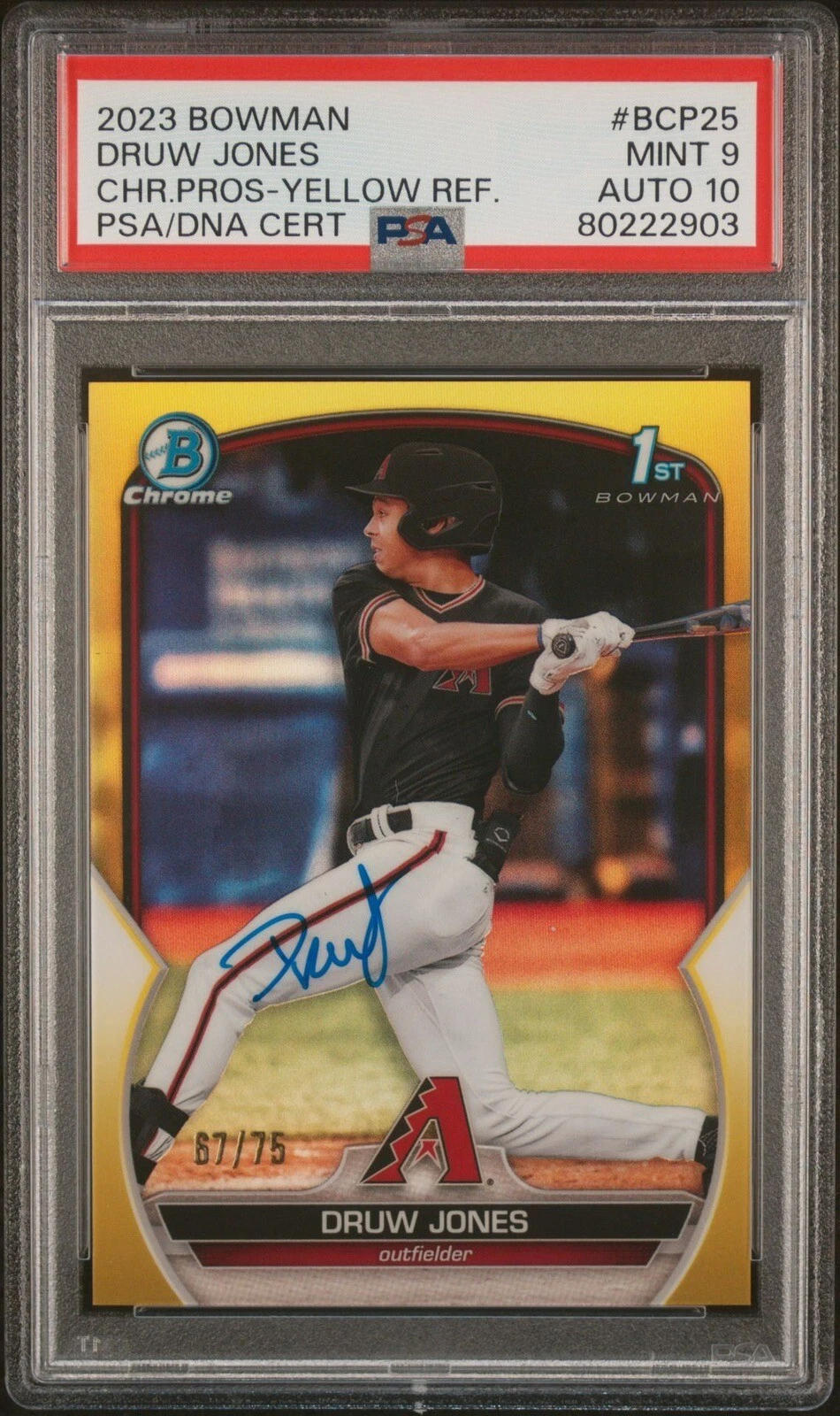 2023 Bowman Chrome Druw Jones Yellow Refractor Auto /75 Psa MINT 9/GEM MINT 10