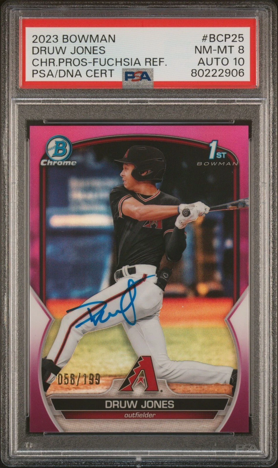 2023 Bowman Chrome Prospects Druw Jones Fuchsia Auto /199 Psa NM-MT 8/GEM MT 10