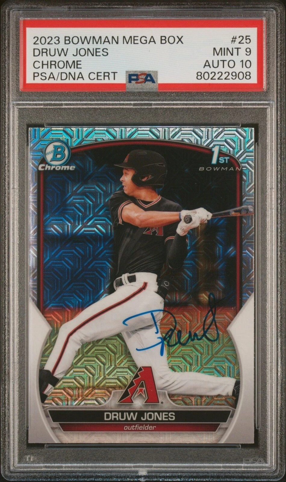 2023 Bowman Chrome Druw Jones Mega Mojo Refractor Auto Psa MINT 9/GEM MINT 10