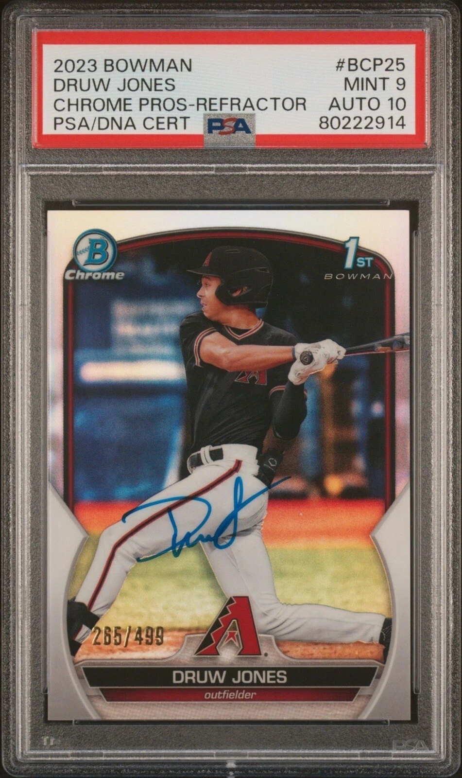 2023 Bowman Chrome Prospects Druw Jones Refractor Auto /499 Psa MINT 9/GEM MT 10