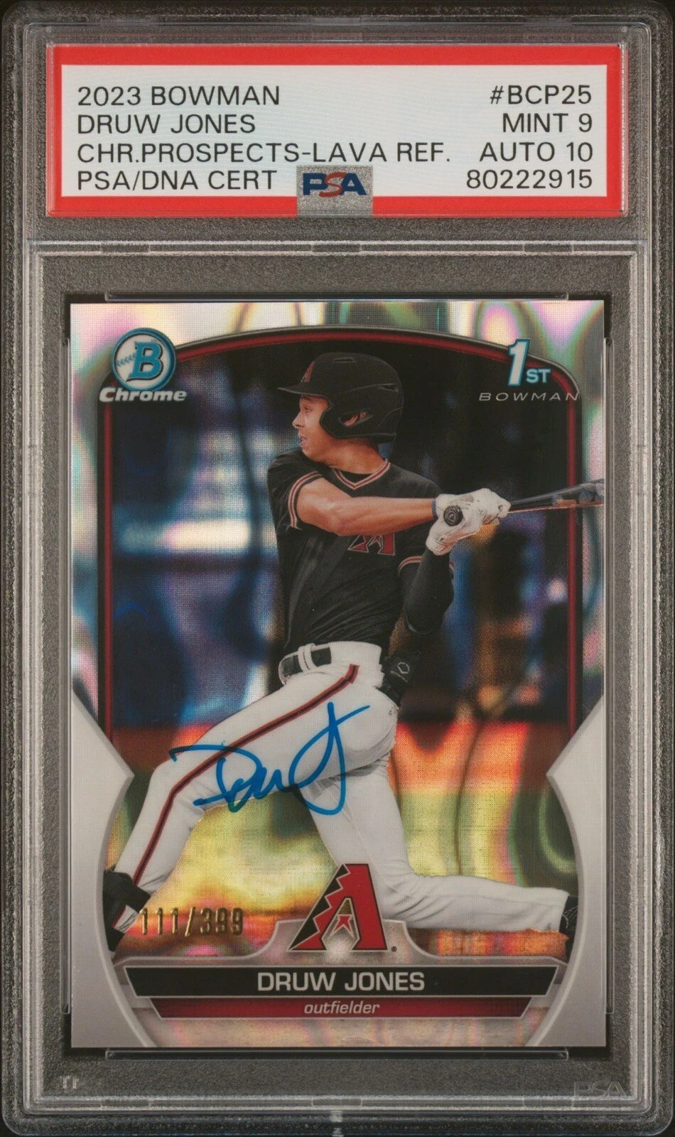 2023 Bowman Chrome Druw Jones Lava Refractor Auto /399 Psa MINT 9/GEM MINT 10