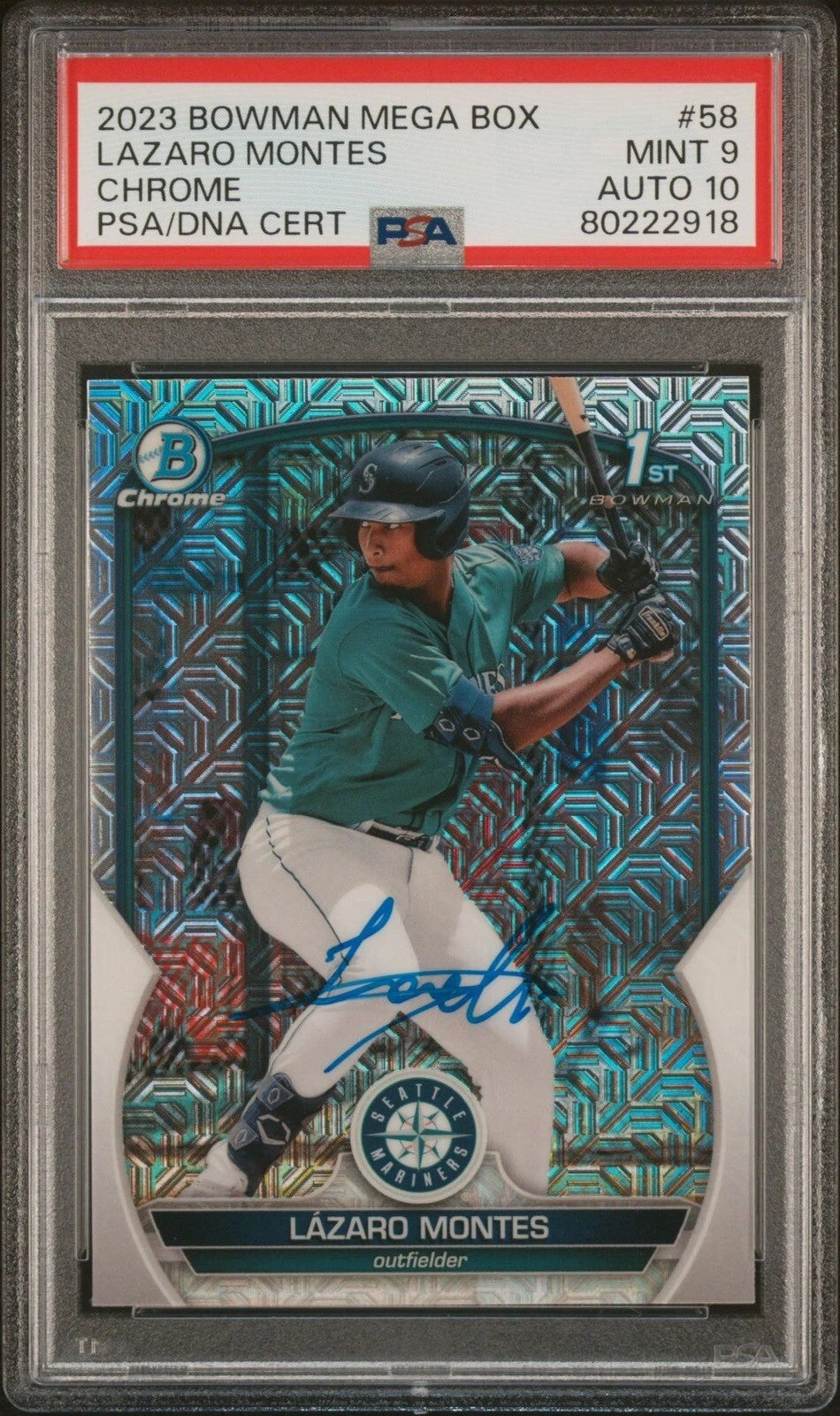 2023 Bowman Chrome #BCP58 Lazaro Montes Mega Mojo Refractor Auto Psa MINT 9/10